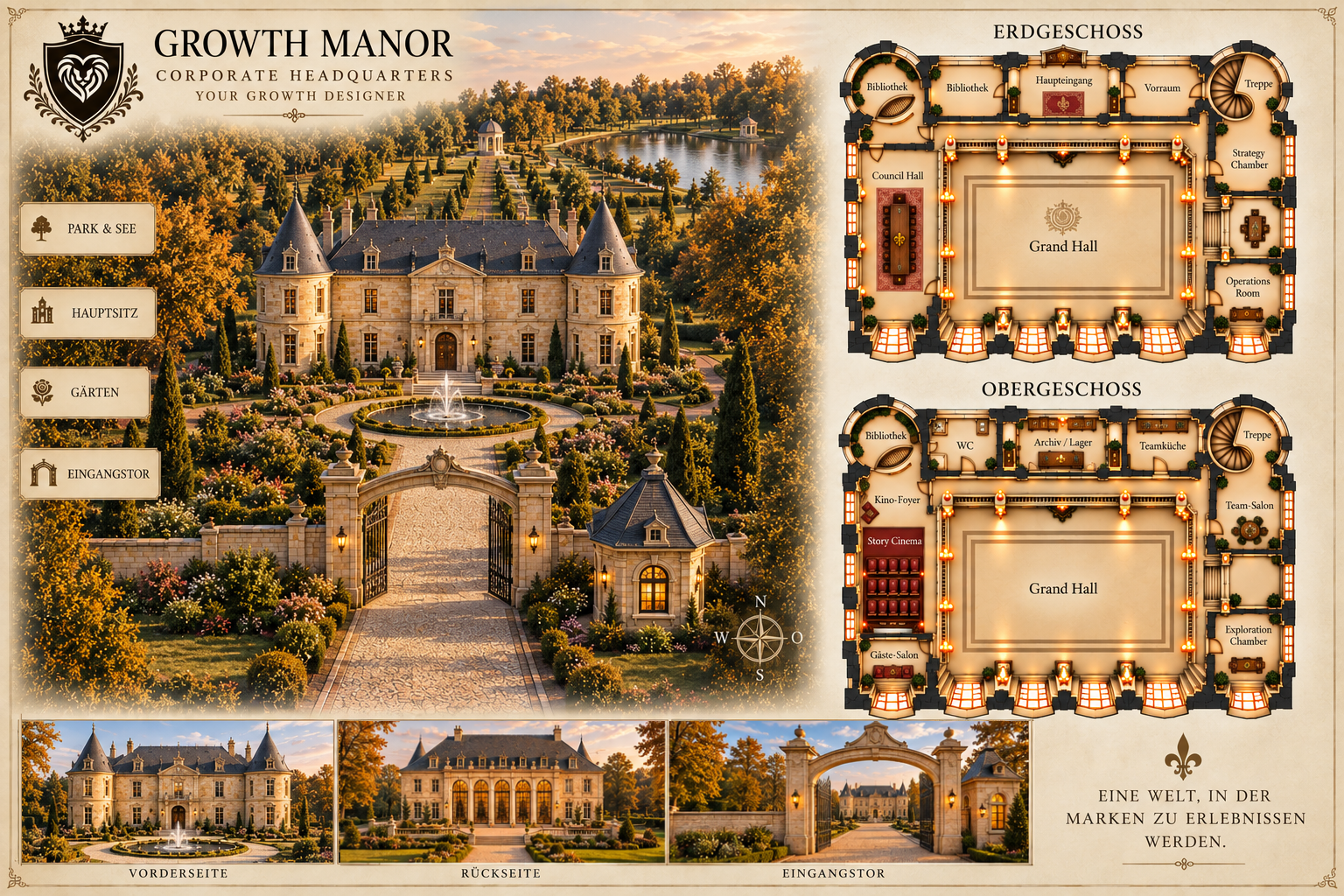 Gesamtübersicht von Growth Manor mit Schloss, Park und beiden Etagen